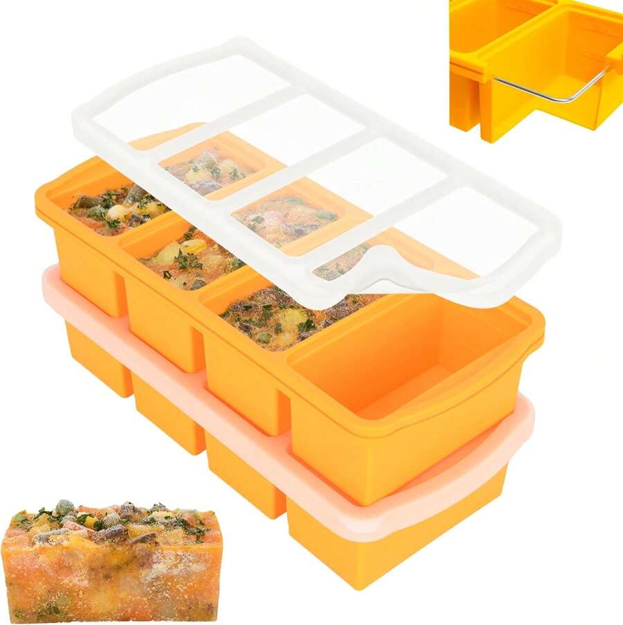 Silicone Freezer Trays With Lid,1-Cup Soup Freezer Container Large Ice Cube Molds With Reinforced Steel Ring Top For Freezing Soup Sauce Broth Leftovers Oven Dishwasher -Safe(2-Pack) - Màu vàng - Xem 1
