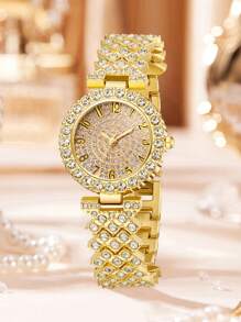 Set de 2 piezas de reloj con pulsera de mujer, con correa dorada, esfera con números árabes, sencillo y elegante, movimiento de cuarzo, adecuado para uso diario, decoración u obsequio para fiestas