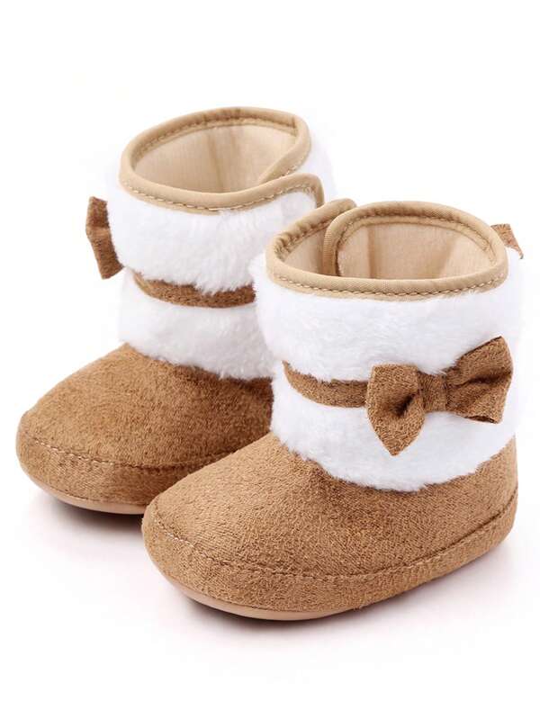 1 Pair Of Infant Boots, Warm And Thick Snow Boots In Autumn And Winter, Cute Bow Design, Suitable For Indoor And Outdoor Feet, Non-Slip Learning To Walk, Soft Flat Shoes For Infants.