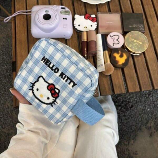Sanrio New Blue Grid Hello Kitty Makeup Bag, Storage For Girls, Large Capacity Portable Block Bag, Carry On Miscellaneous Bag