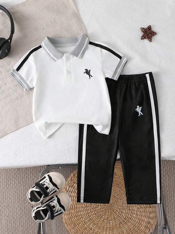 2pcs Baby Boy Casual Pattern Half Open Chest Patchwork Lapel Short Sleeve Solid Color T-Shirt And Elastic Waist Pants Set, Suitable For Summer Daily Outfit