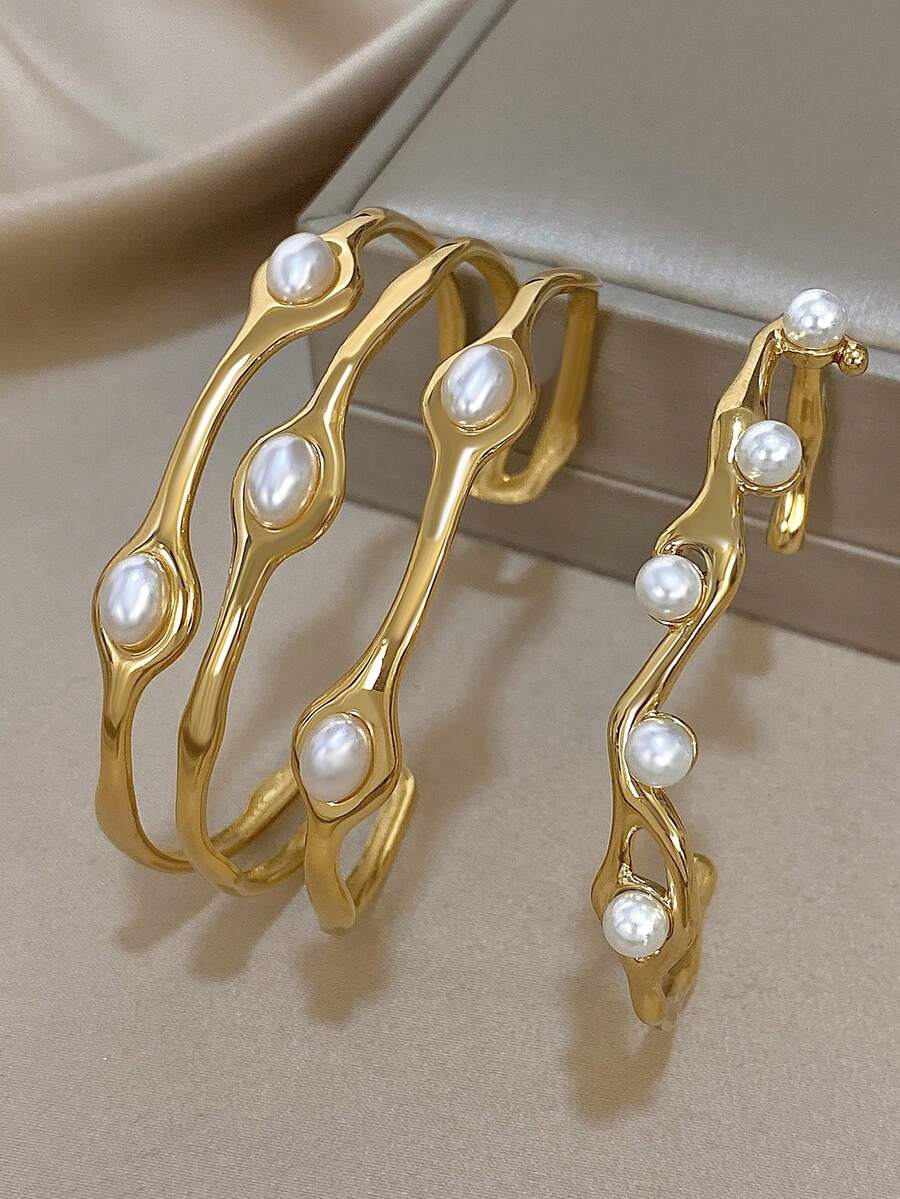 Bộ vòng tay ngọc trai hình học thanh lịch bằng thép không gỉ mạ vàng 18K, đeo trên cổ tay dành cho nữ, quà tặng Ngày của Mẹ, thích hợp cho Giáng sinh, Lễ Tạ ơn, Halloween, đám cưới, tiệc tùng/dạ hội/tụ họp/phụ kiện hàng ngày, kỷ niệm, Ngày Valentine, trang sức phong cách Bohemian, sinh nhật, quà tặng cho phù dâu. - Nhiều màu - Xem 1