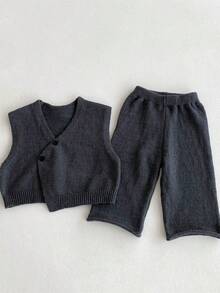 2pcs Toddler Baby Boy Casual Outfit, Charcoal Knitted Cardigan Vest & Pants Set, Comfortable For Autumn/Winter - Dark Grey - View 4