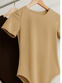Kit 2 Women's Bodysuit Short Sleeve Elegant Suplex Bodysuit Elegant Casual Look Comfortable Bodysuit Basic And Stylish Fashion Simple Casual Fabric Simple Casual Knitted - 卡其色+咖啡棕色 - 查看 2