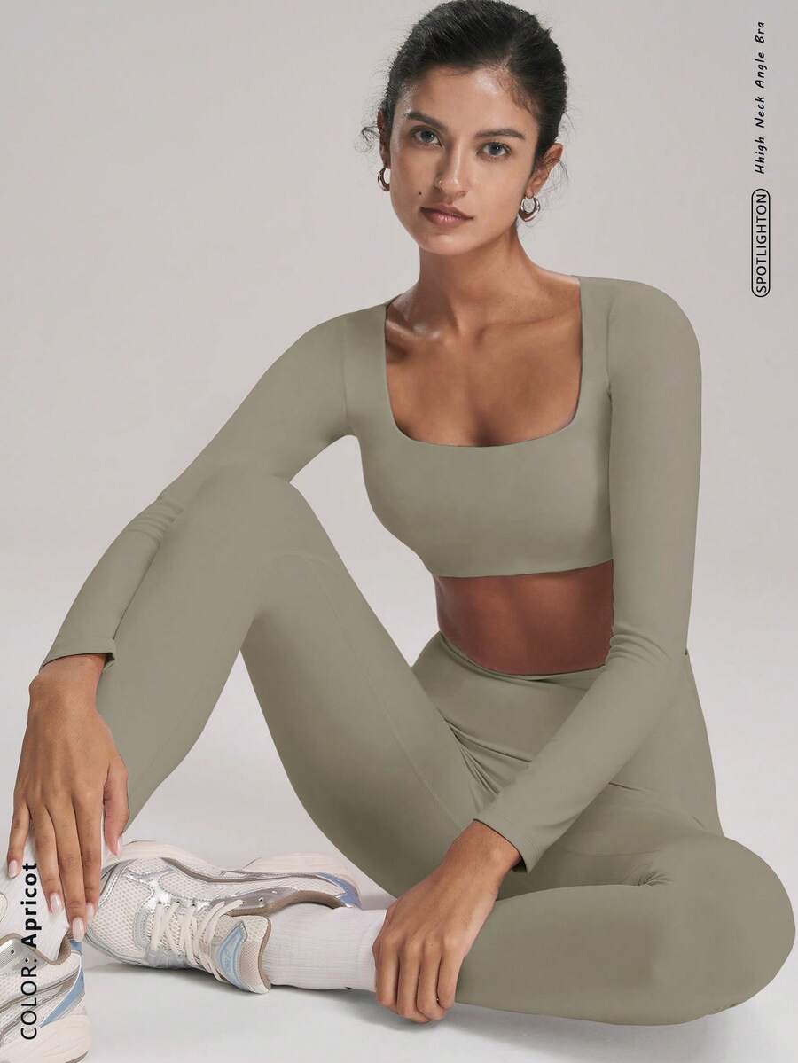 FWH Top de manga larga corto + Pantalones cortos fruncidos, Pantalones cortos moldeadores con sensación de piel desnuda, control de abdomen y diseño levantador de glúteos, Tela con sensación de piel desnuda para Pilates/Gimnasio Pantalones cortos levantadores de glúteos, a prueba de sentadillas para Yoga/Danza Conjunto de yoga de espalda abierta Primavera - Albaricoque - Ver 1