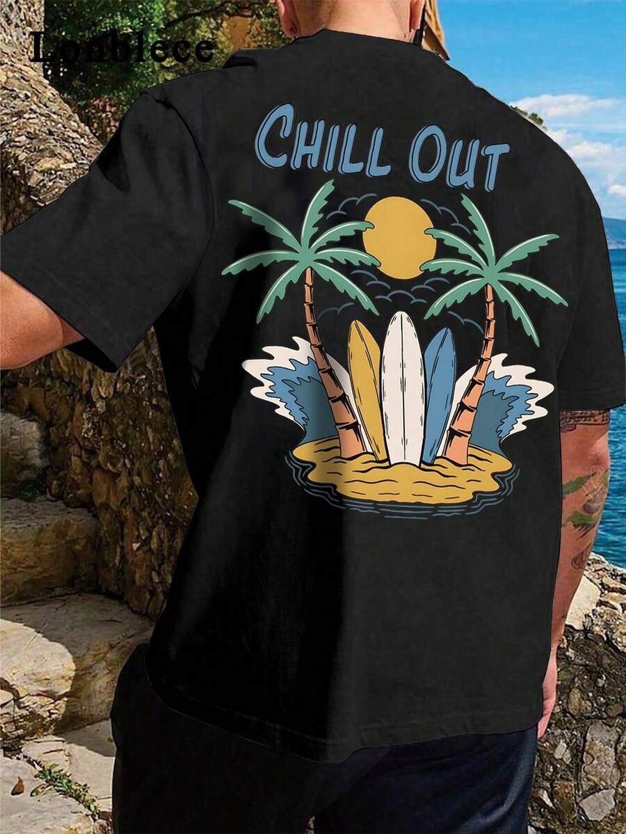 男士椰子树、波浪、阳光海滩热带风情T恤，时尚夏日 - 黑色 - 查看 1