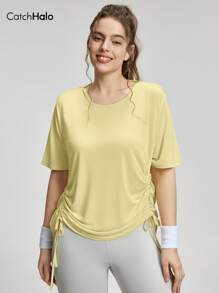 Catch Halo 4-Way Stretch Plus Size Women's Workout T-Shirt - Slim-Fit Short Sleeve & Crew Neck & Off-Shoulder & Cutout Shoulder Basic Solid Color Sport T-Shirt | Tummy Control Figure Contour Slimming Side Drawstring Gathered Waist | Breathable Lightweight Quick-Dry Buttery Soft Atheleisure Casual Workout Top For Yoga, Pilate, Running, Gym, Cheerleader (Cream Yellow, 0XL-3XL)