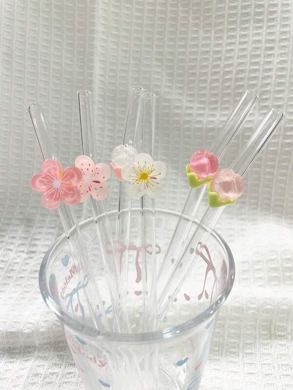 1 pièce/6 pièces Pailles en verre résistantes à la chaleur décorées de fleurs, parfaites pour boire du jus, du thé au lait, du café, des boissons froides, etc. Le design de pailles incurvées et de décorations de fruits en fait des fournitures scolaires pour la rentrée, des cadeaux pour petites amies, petits amis, parents et amis, idéal pour la Saint-Valentin