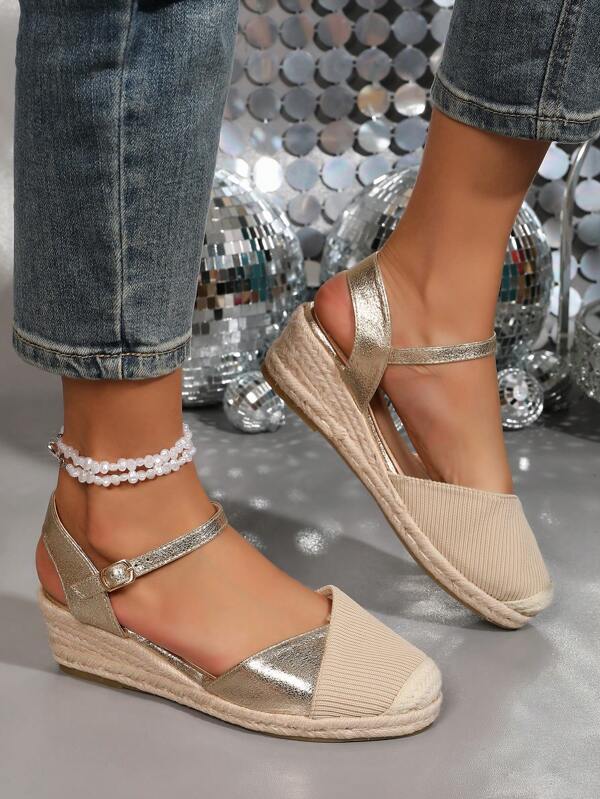 Clash Color Rhinestone Decor Fashion Linen Rope Platform Wedge Sandals For Women