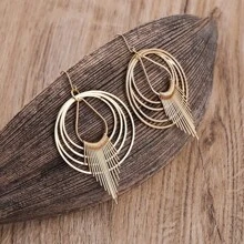 1pc Vintage Circle Water Drop Tassel Pendant Earrings, Fashionable Jewelry Gift For Women