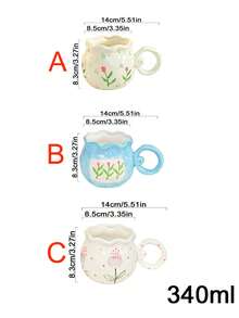 1pc Creative Handmade Asymmetrical Shaped Mug With Round Handle, Ceramic Milk/Coffee Cup With Floral Relief Design, Home Use - Multicolor - View 8