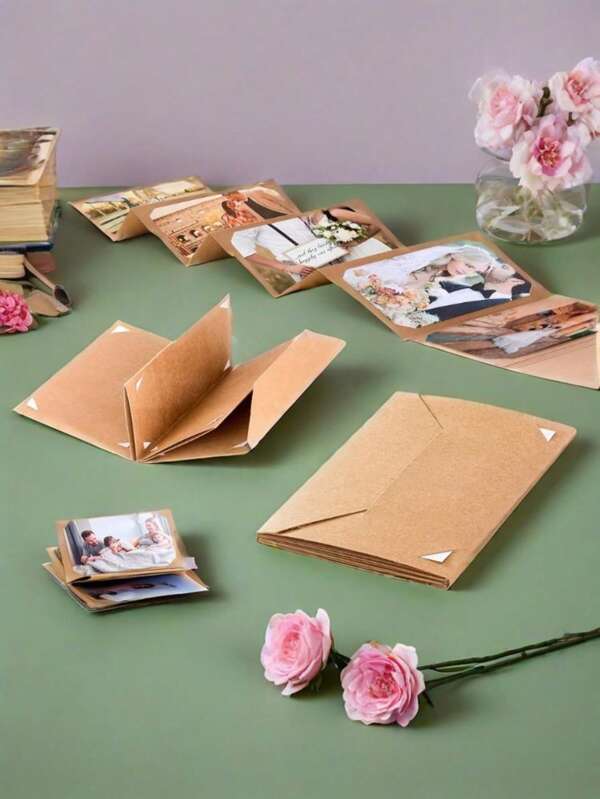 6"X4" Photo Album - DIY Scrapbook Style Collapsible Scrapbook With Card Paper Pages, Khaki Portable Photo Storage Box, Suitable For Weddings, Family Events, Memorabilia And Gifts, Photo Storage Box