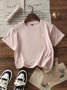Camiseta casual de cuello redondo de manga corta con estampado rosa para niñas, parte superior de verano para adolescentes y estudiantes