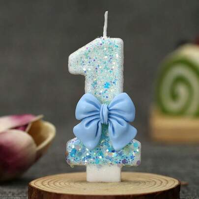 1pc Dream Blue Bow Sparkle Number 0-9 Candles For Birthday Cake - Elegant Wedding Christmas Party Decor, Creative Gift Idea