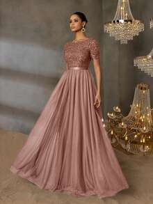 Faeriesty Elegant Formal Evening Gown With Sequin Embellished Bodice & Contrast Layered Tulle Hem | A-Line Prom Wedding Party Dress - 卡其色 - 查看 1