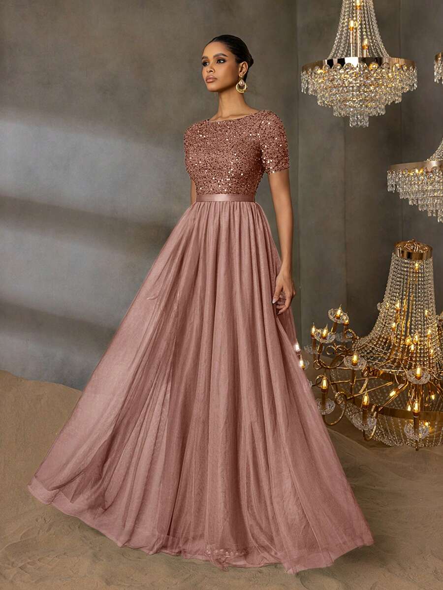 Faeriesty Elegant Formal Evening Gown With Sequin Embellished Bodice & Contrast Layered Tulle Hem | A-Line Prom Wedding Party Dress - 卡其色 - 查看 1
