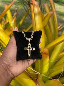 1pc Stainless Steel Hollow Cross Pendant Necklace For Men, Versatile & - Gold - View 2