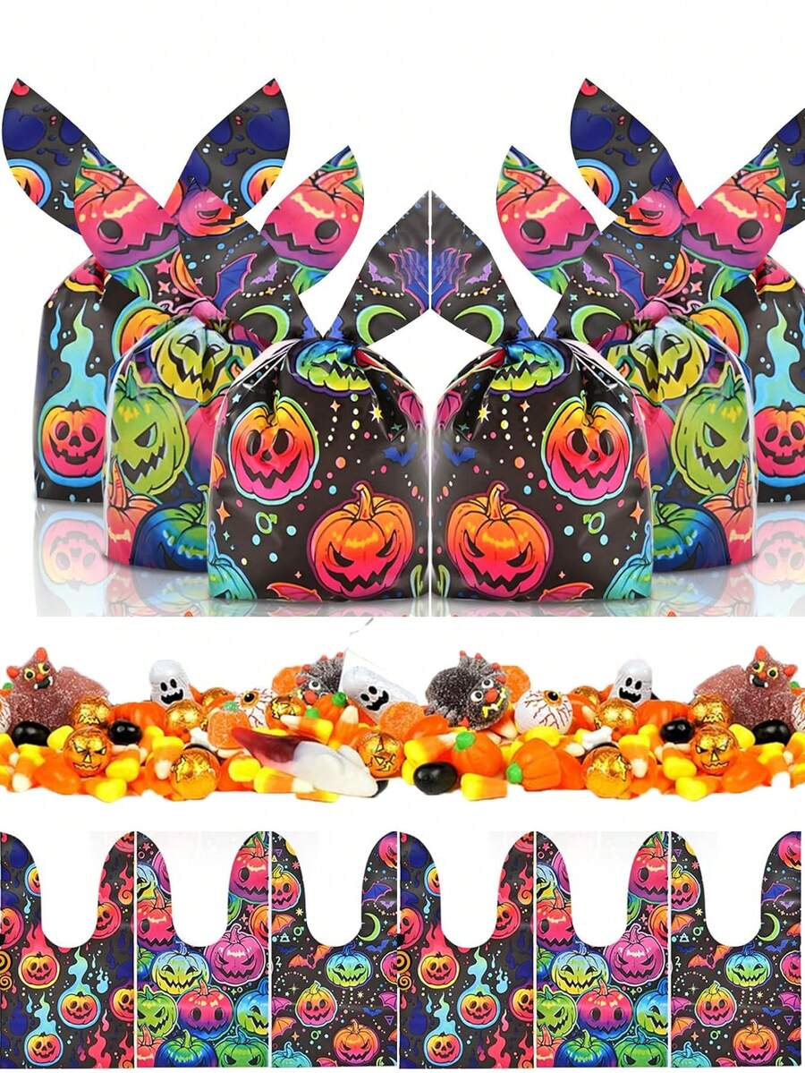 50PCS Halloween Drawstring Pockets, Trick Or Treat Cookies And Snacks Plastic Gift Bags, Suitable For Halloween Party Packaging Supplies And Party Gifts - Multicolor - View 1