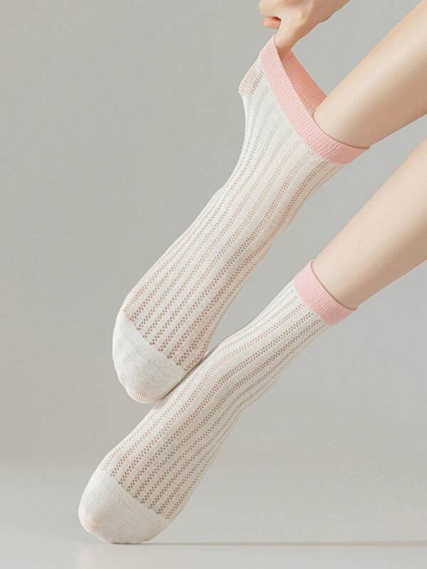 6 Pairs Of Colorful Women's Socks, Hollow Out Design, Simple Striped Women Crew Socks, Daily Casual Out Wear