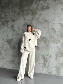 Women Casual Heart Pattern Round Neck Long Sleeve Pullover Top And Long Pants Set, Embroidery Design - White - View 3