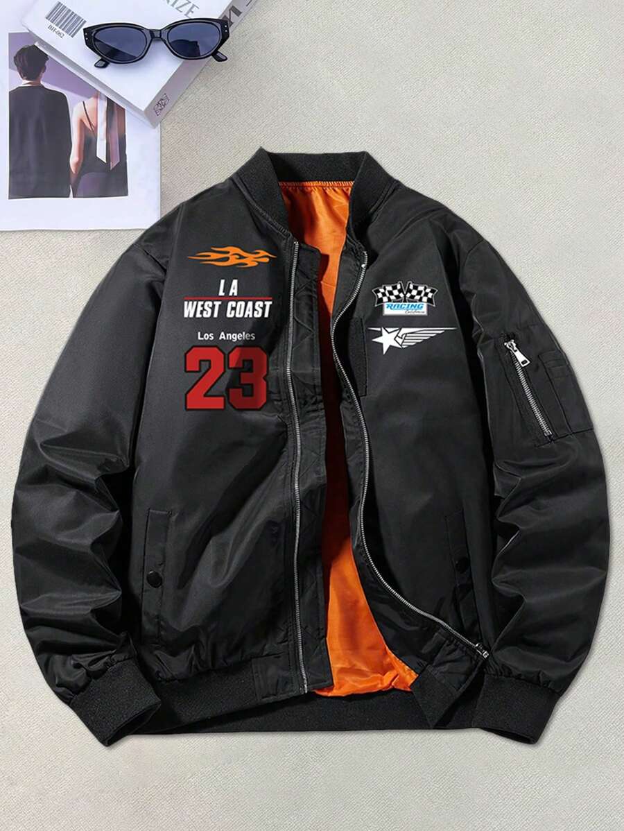 Men's Autumn/Winter Pilot Bomber Jacket, Multi-Pattern Print, Baseball Collar Design, Arm Pockets, Suitable For Casual Daily Commute, Outdoor Sports, Street Fashion, Grunge