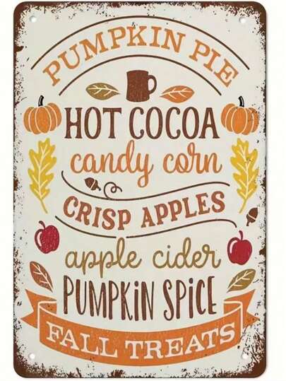 2D Flat Vintage Tin Sign, Autumn Harvest Theme, Pumpkin Pie, Hot Cocoa, Candy Corn, Crisp Apples, Apple Cider, Pumpkin Spice, 8"X12", No Electricity Required, For Kitchen, Cafe, Man Cave Decor, Multi-Purpose Wall Hanging Home Decor Halloween Decor Fall Decor Room Decor