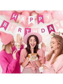 1 Set Pink Happy Birthday Paper Pennant Flag, Modern White Letter Graphic Hanging Flag Decor, Suitable For Birthday Party, Pink Party, Butterfly Party, Princess Party, Unicorn Party - Multicolor - View 2
