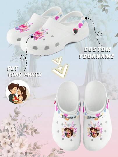 Women's Custom Name & Photo Hollow Out Shoes, Personalized Couple Shoes Outdoor Commuting Minimalist Style, Comfortable EVA Breathable Slip-Proof & Waterproof Hollow Out Clogs, Best Wedding Gifts