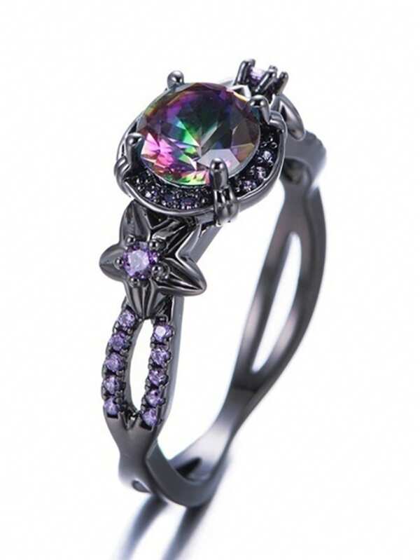 1Pc New Fashion Purple Cubic Zirconia Black Ring, Women Vintage Gorgeous Engagement Party Design Jewelry Accessories Women Gift