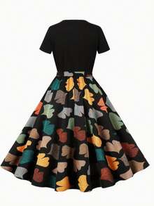 Floral Print Round Neck Dress, Elegant Short Sleeve Tie Dye Dress For Spring And Summer - Màu vàng - Xem 2