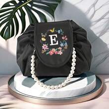 1 pieza Bolsa de maquillaje con estampado floral e inicial, bolsa de almacenamiento con cordón para viajes y el hogar - Gran regalo para mujeres, maestras, hermanas, madres para volver a la escuela, cumpleaños, aniversario, graduación, organizador de cosméticos, artículos esenciales de viaje, vacaciones, verano, artículos escolares, bolsa para mujeres, bolsa de maquillaje para viajes