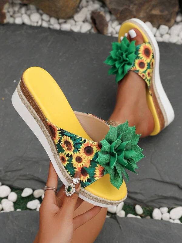 Damen Plateau-Keilsandalen mit Sonnenblume, bohemian-Stil Stroh Geflecht Sohle High Heel Strandslipper, Sommer Blume Muster Zufälliges Design