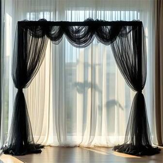 2pcs/Set 3 Meters Black Chiffon Sheer Curtain Backdrop, Suitable For Party, Wedding, Shower, Birthday Photo Booth, Decoration