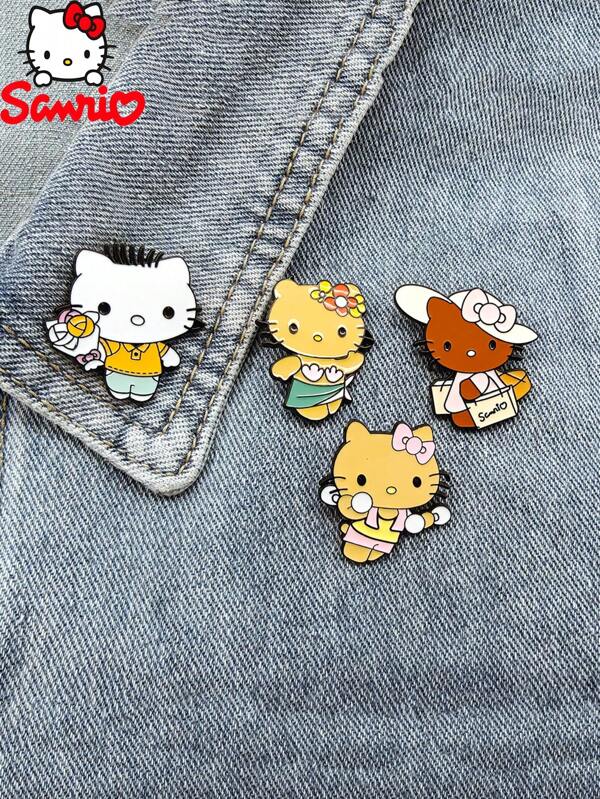 Sanrio Sanrio, 4 peças, fofo, desenho animado, anime japonês, gato criativo Sanrio KT, broche de metal, distintivo decorativo pingando óleo, acessórios de alfinete de liga, broche de esmalte fofo, adequado para bolsas, roupas, etc. Mochila escolar