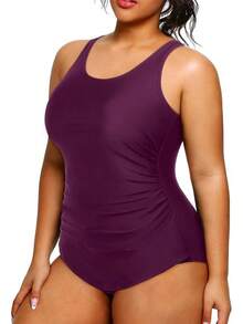 Holipick Plus Size Sarong Swimsuit Women Tummy Control Bathing Suit Ruched Backless Swimwear - Maroon - View 4