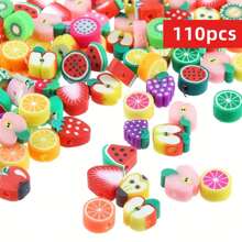 220/110 piezas Juego de cuentas de arcilla de verano con estampado de frutas aleatorio de 10 mm, charms de arcilla polimérica para hacer pulseras, collares y joyería