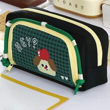 1pc Cute Cartoon Dog Pencil Bag Pen Case, Retro Plaid Pattern Large Capacity Storage Pouch For Stationery Student Back To School - Multicolor - View 16