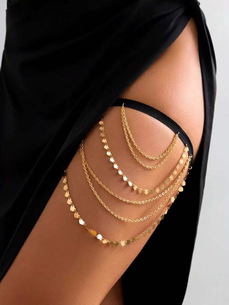 1 Stück luxuriöse Herzform Pailletten Quaste elastische Bein Kette, Frauen Mode sexy Glitzer Oberschenkel Kette, minimalistischer Straßen-Stil für Sommer Strand