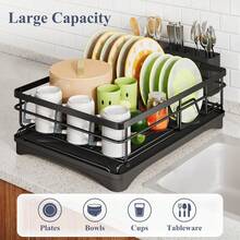 Escurridor De Platos De Acero Inoxidable Para Encimera De Cocina, Escurridor De Platos De Gran Capacidad Con Soporte Para Cubiertos, Organizador De Cocina Para Platos, Cucharas Y Tenedores, Color - Dark Grey - View 2