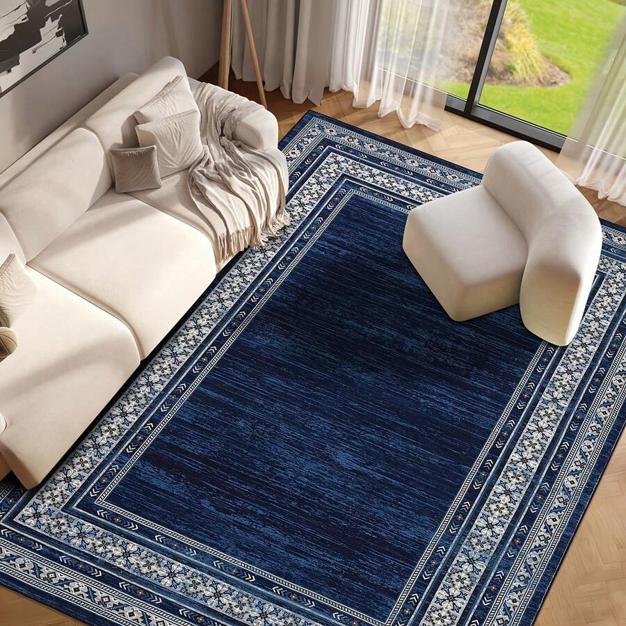 1pc Luxury Modern Navy Blue Floral Border Design Area Rug - Non-Shedding, Easy Clean, 800g Fine Worsted Wool + TPR Washable Bottom, Suitable For Living Room, Bedroom, Kitchen, Bathroom, Soft & Fluffy All Season Large Size Mat, Home Decor - Multicolor - View 1