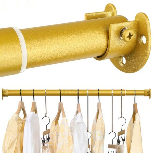 1pc Golden 40.01cm-189.99cm Stainless Steel Adjustable Closet Rods, Shower Curtain Rods, Shower Curtain Hanging Rods, Telescopic Rods, Wardrobe Hanging Rods For Hanging Clothes Heavy Duty Wardrobe Hanging Rods, Metal Black Wardrobe Rods