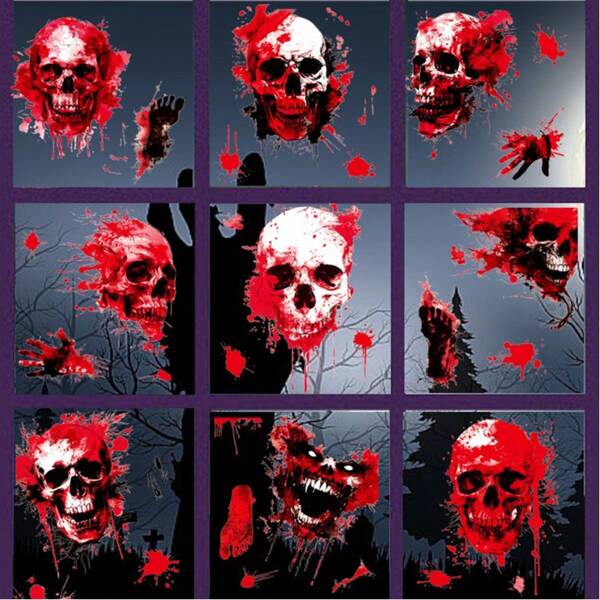9sheets Halloween Decorations, Terror Bloody Handprint Footprint Window Stickers, Halloween Party Halloween Scary Skeleton Window Clings Decals Party Decorations Home Decor Fall Decor Room Decor