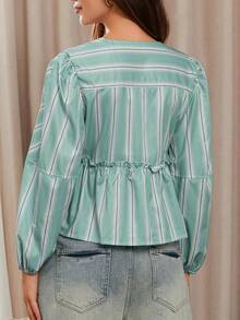 Women's Babydoll Tops Loose Fitting Striped Collared Front Tie-Up Long Sleeve Ruffled Blouse For Summer - màu xanh lá - Xem 8