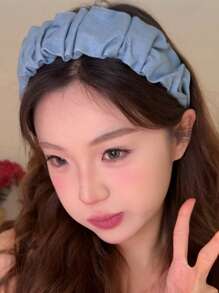 2 peças Headbands de Denim Plissados de Borda Larga de Cor Sólida e Elegante para Mulheres, Acessórios Versáteis de Coroa Alta, Adequados para Decorar Penteados, Passeios Diários, Estilo Boêmio, Elegante, Faixa de Cabelo para Mulheres, Acessórios de Cabelo, Tiara de Cabelo