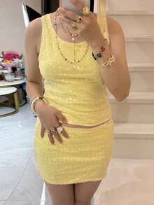 Women's .Y 2 Pieces Outfits Sequin Sparlle Glitter Crop Tank Top Bodycon Mini Skirt Set For Party Night Out Dating - Yellow - View 2