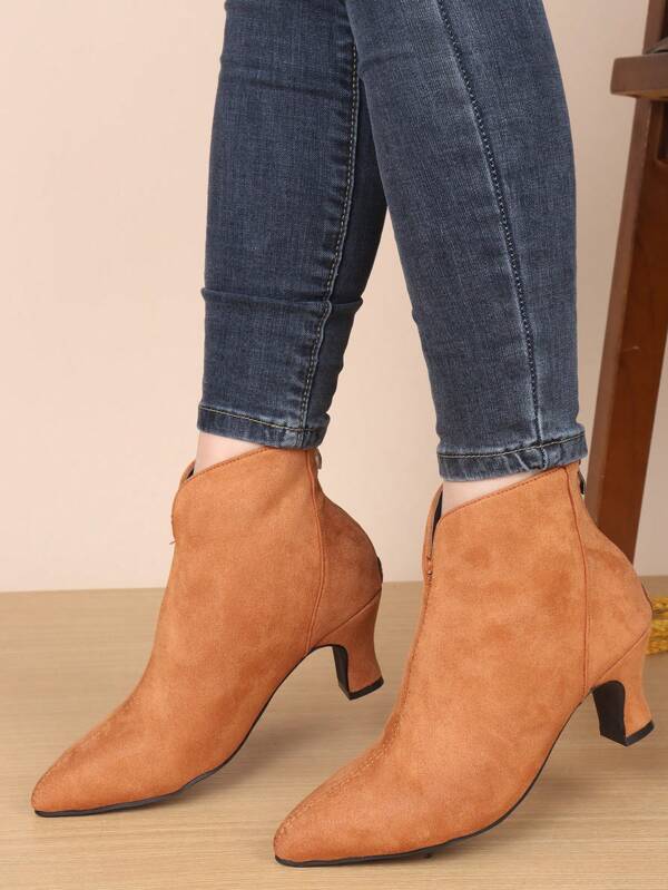 2024 New Fashion Women V-Cut Ankle Boots, Pointed Toe Ankle Boots, Chunky Heel Mid-Calf Short Boots