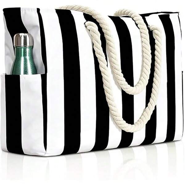 Grand sac de plage pour femme, sac de plage extra large XXL, sac fourre-tout imperméable avec poignée et poche intérieure, pour la plage, la piscine, la salle de sport, les voyages, rayures