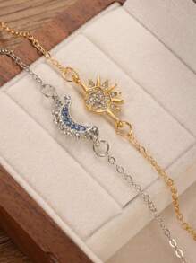 2 piezas Conjunto de joyería apilable Sol y Luna, Pulsera, Collar y Anillo decorados con Rhinestones de Sol y Luna, Diseño único adecuado como regalo para maestros, compañeros de clase