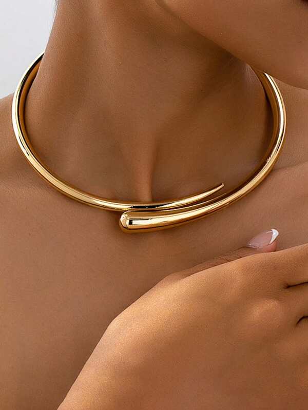 1 pieza Gargantilla de metal dorado geométrico, estilo minimalista europeo y americano, collar versátil exagerado hueco de resorte personalizado