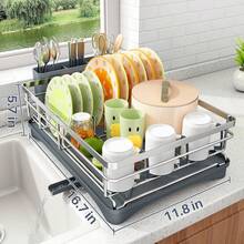 Escurridor de platos - Escurridor de acero inoxidable para la encimera de la cocina, escurridor de platos de gran capacidad con soporte para cubiertos, organizador de cocina para platos, cucharas y tenedores, color plateado - Plateado - Ver 6